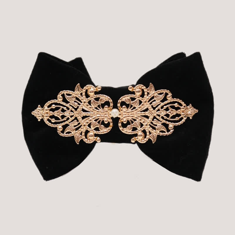 Men's Black Velvet Metallic Decor Oversized Pointed Bow Tie