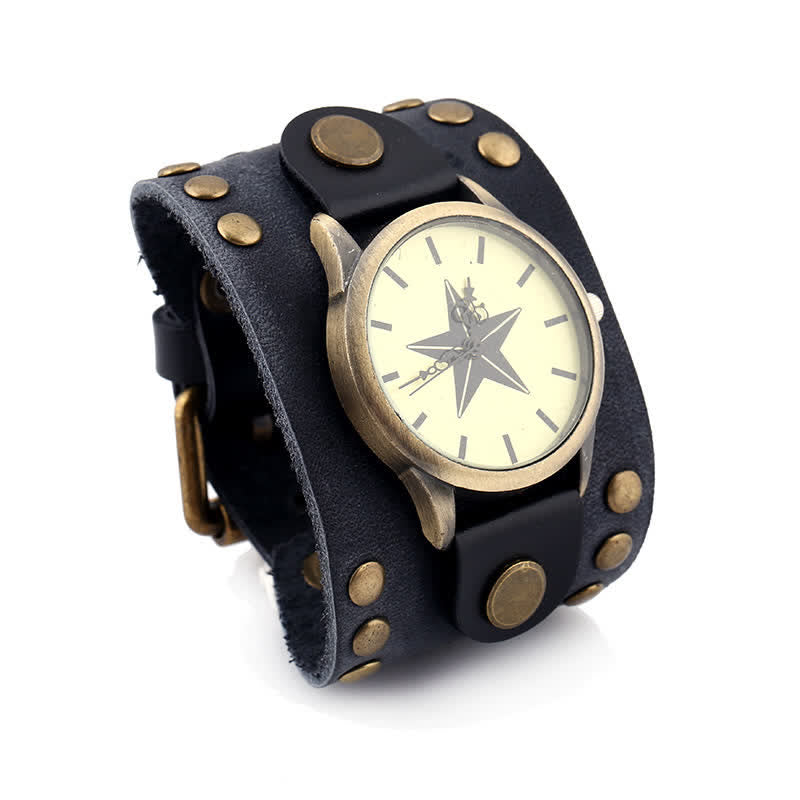 Men's Five-Pionted Star Rivet Cuff Leather Watch