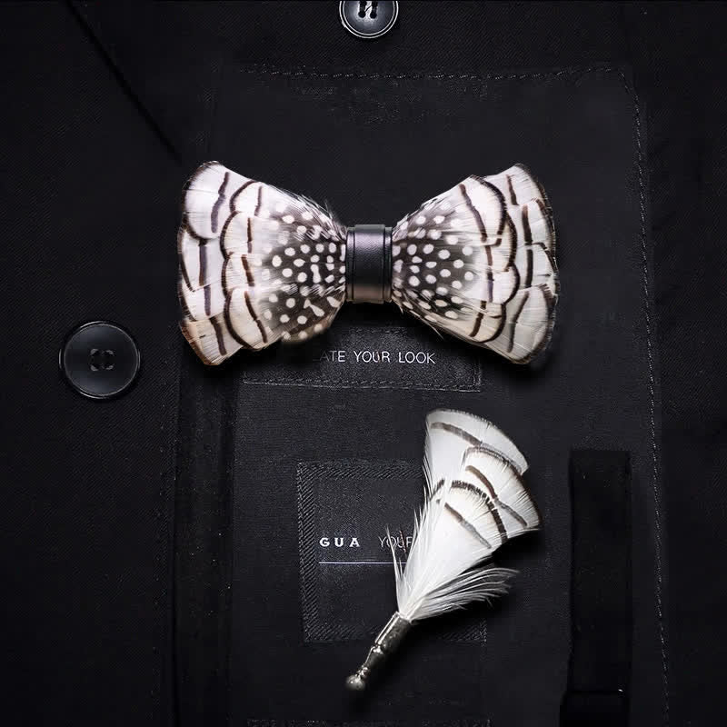 Bold Black & White Polka Feather Bow Tie with Lapel Pin