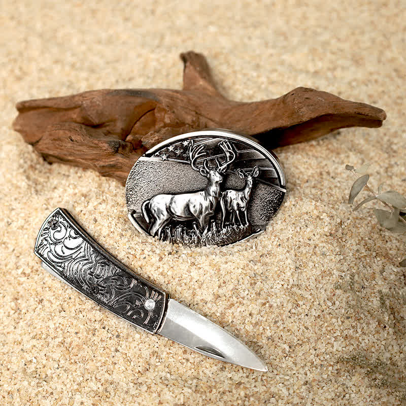Flower Deer DIY Hidden Folding Knife Leather Belt Buckles Bundle Set