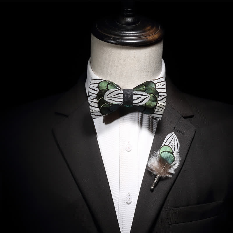 Green & White Forest Feather Bow Tie with Lapel Pin