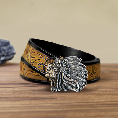 Men's DIY Native Chief Head Buckle Leather Belt