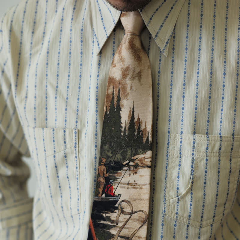 Men's Stylish Lake Scene Fishing Printing Necktie