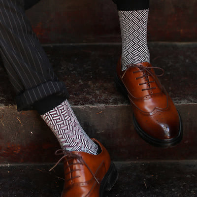 Men's Black Leisure Lattice Striped Crew Socks