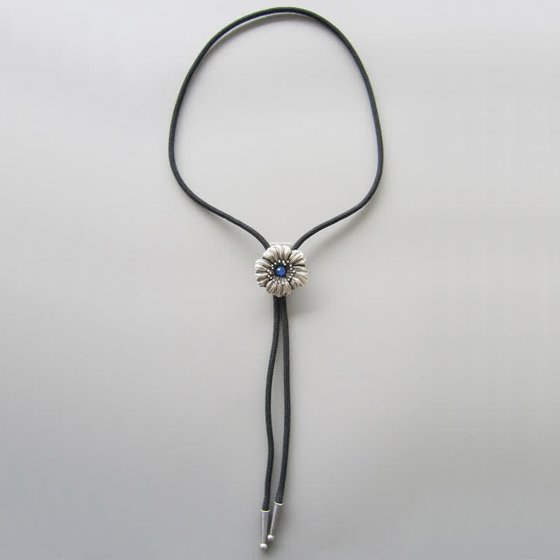 Blue Faux Crystal Rhinestone Flower Shape Bolo Tie