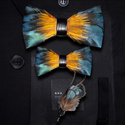 ForestGreen & Yellow Kingfisher Feather Bow Tie with Lapel Pin