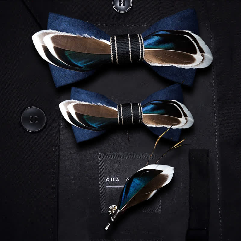 Navy Blue & Brown Vintage Feather Bow Tie with Lapel Pin