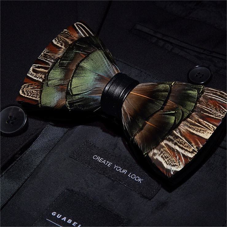 Brown & Green Forest Retro Feather Bow Tie with Lapel Pin