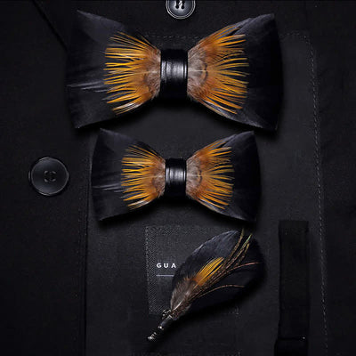 Orange & Black Sunflower Feather Bow Tie with Lapel Pin
