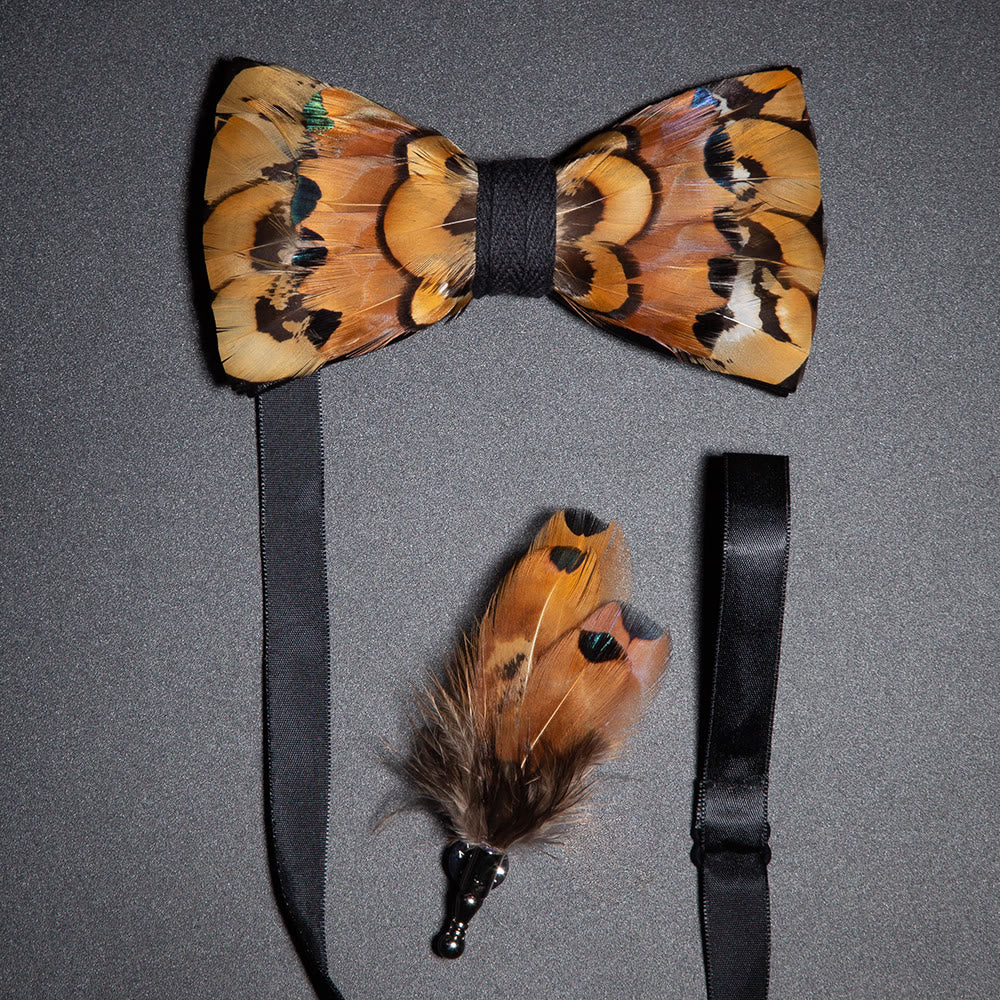 Beige & Gold Pheasant Feather Bow Tie with Lapel Pin