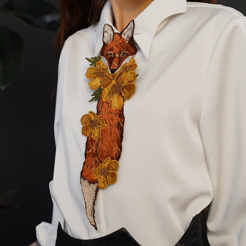 Women's Vintage Fox Flowers Embroidered Zipper Necktie