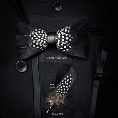 Kid's Black & White Dots Feather Bow Tie with Lapel Pin