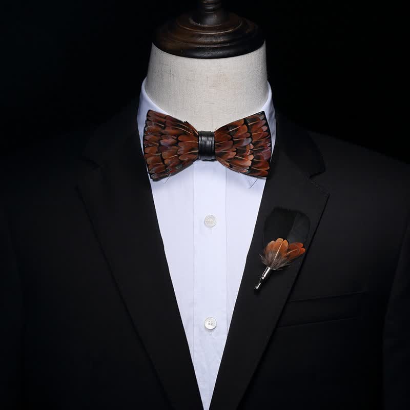 Brown & Black Trim Feather Bow Tie with Lapel Pin