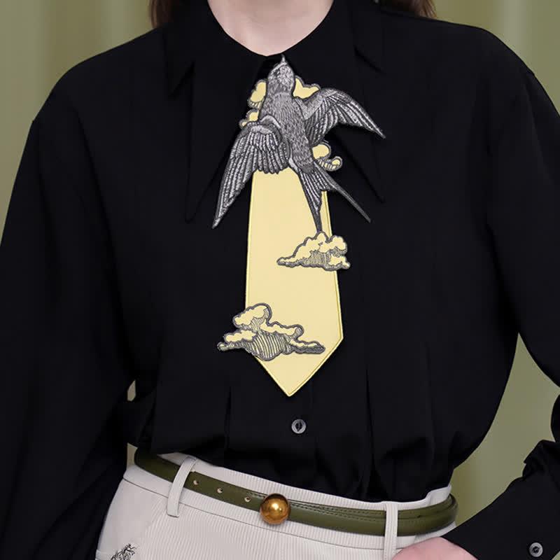 Women's Yellow Flying Swallow Embroidered Zipper Necktie