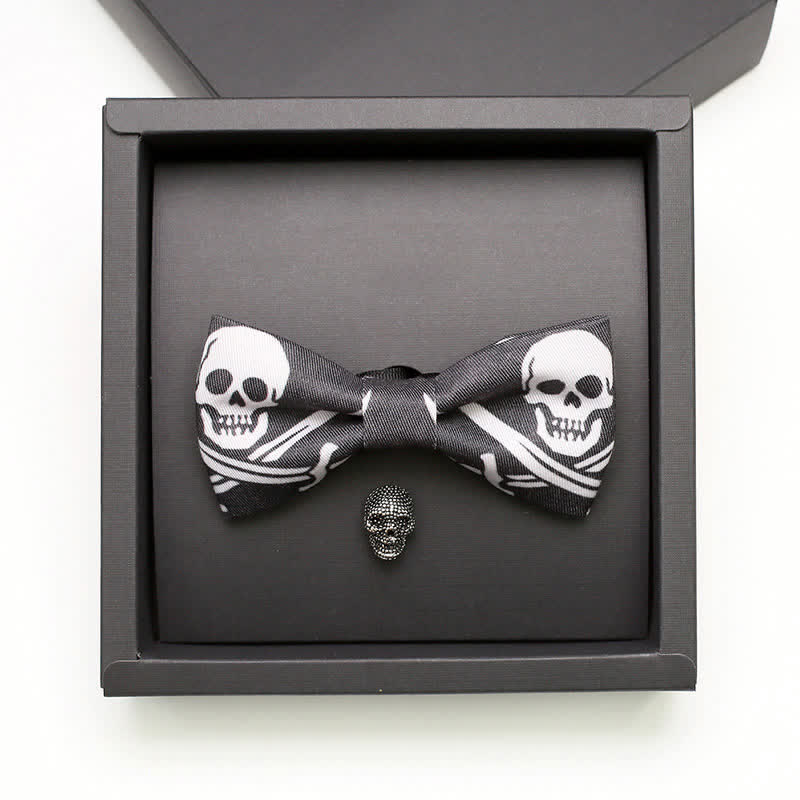 2Pcs Men's Black & White Pirate Skull Brooch Bow Tie Set