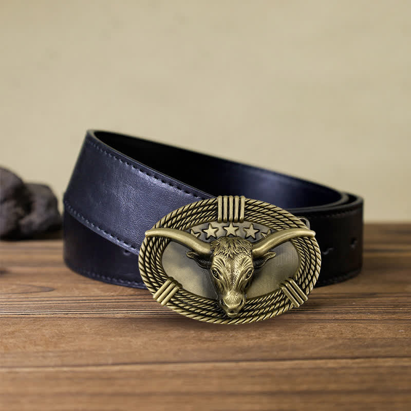 Men's DIY Retro Five Stars Bull Head Buckle Leather Belt