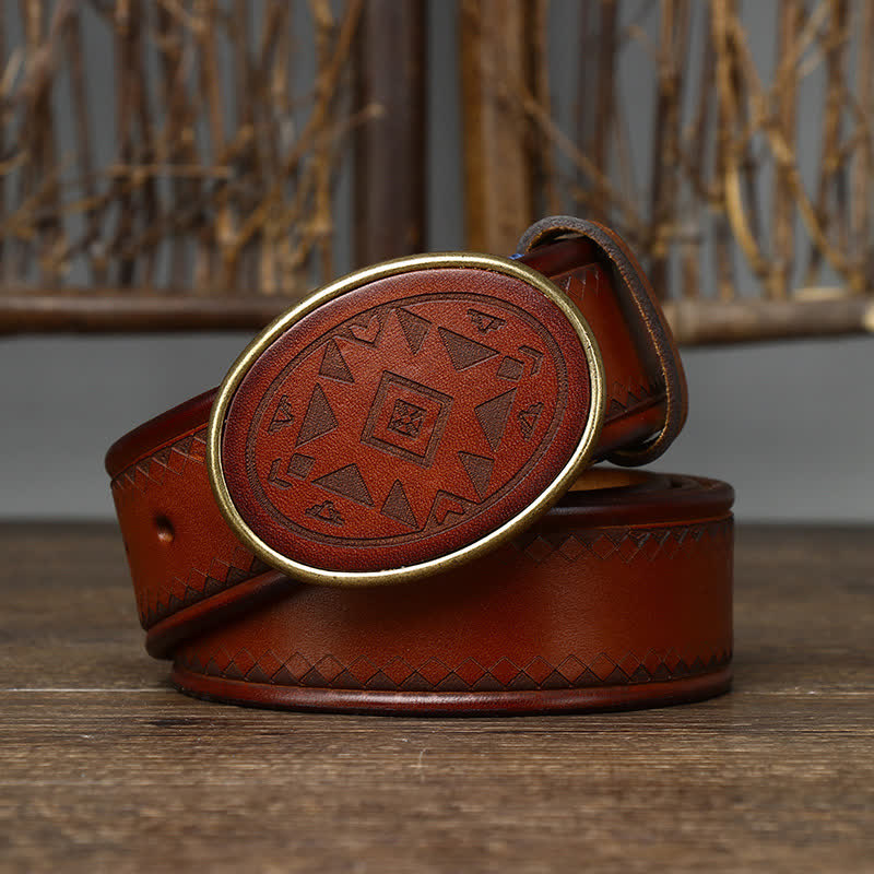 Vintage Engraved Pattern Thick Genuine Leather Belt