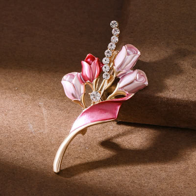 Women's Elegant Golden Tulip Enamel Brooch