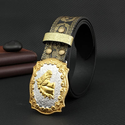 Men's Horse Bronzing Floral Embossed Print Leather Belt