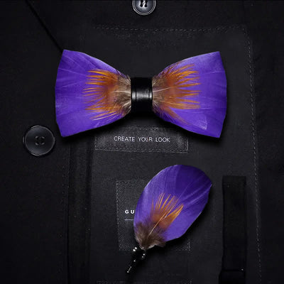 Purple & Orange Embellished Feather Bow Tie with Lapel Pin