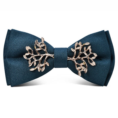 Men's Dark Burgundy Gold Metal Flower Leaves Bow Tie