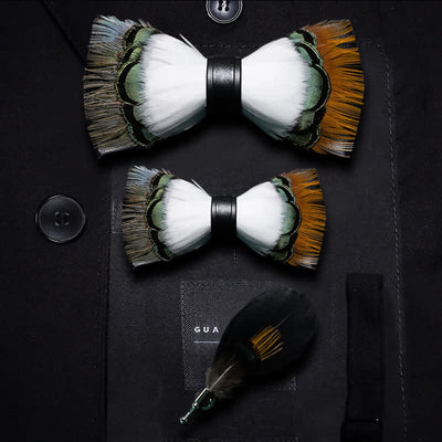 Kid's White & Multicolored Finch Feather Bow Tie with Lapel Pin