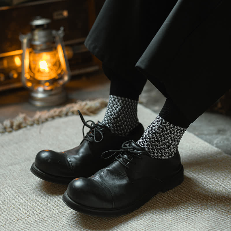 Men's Black Leisure Lattice Striped Crew Socks