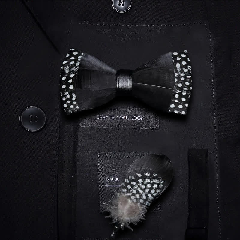 Kid's Black Polka-dotted Feather Bow Tie with Lapel Pin
