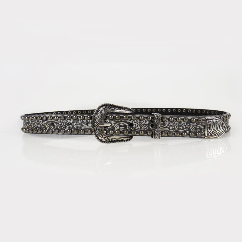 Women's Punk Engraved Floral Studded Leather Belt