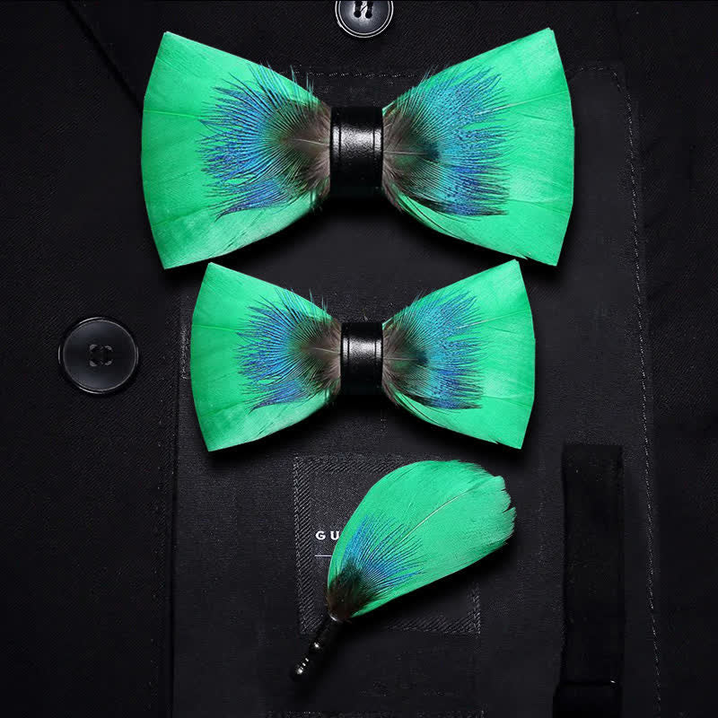 Kid's Blue & Green Novelty Feather Bow Tie with Lapel Pin