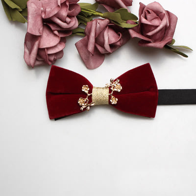 Men's Red Velvet Gold Tone Metal Flower Bow Tie