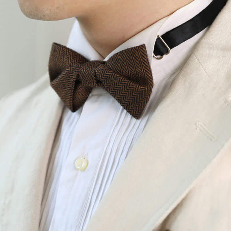 Men's Coffee Herringbone Pattern Woolen Bow Tie