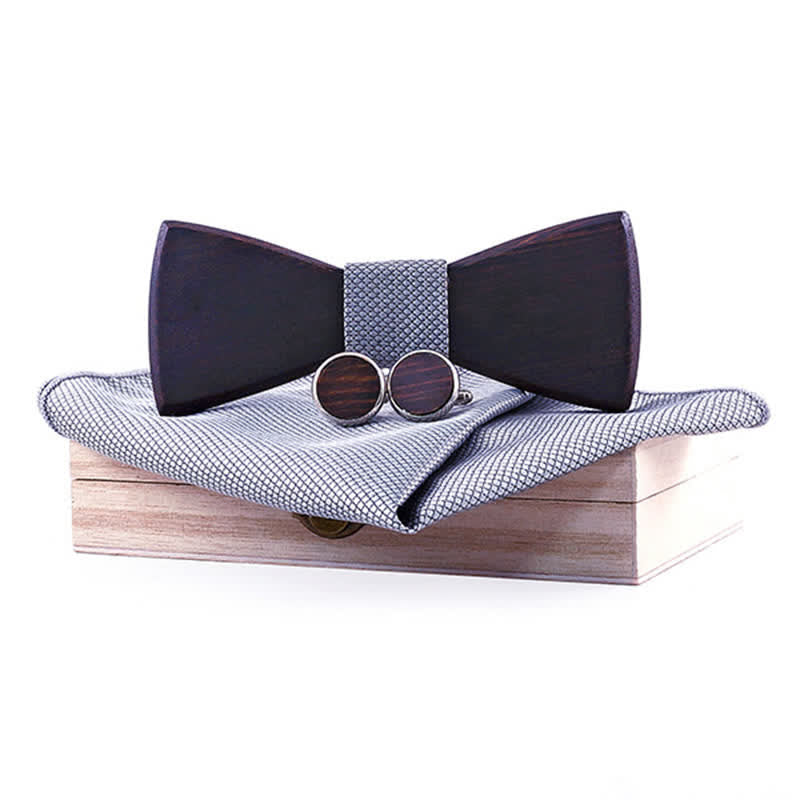 3Pcs Men's Classic Retro Black Wooden Bow Tie Set