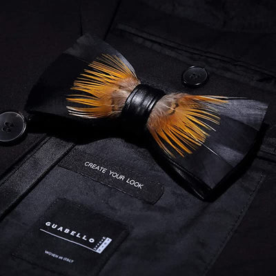 Orange & Black Sunflower Feather Bow Tie with Lapel Pin