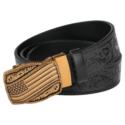 Men's Carved American Flag Automatic Buckle Leather Belt