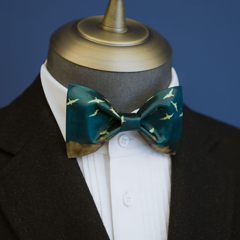 Men's Dark Green Flying Crane Printing Bow Tie