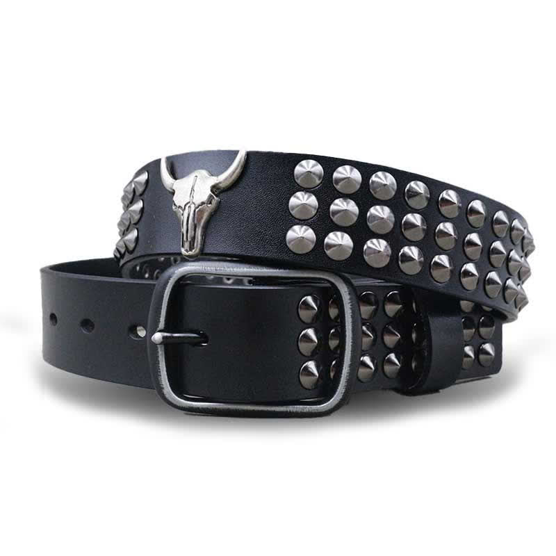 Western Bull Head Rivets Three Rows Studded Leather Belt