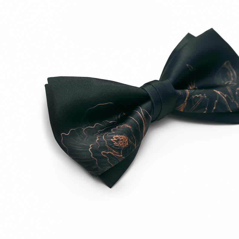 Men's Lotus Printing Black Double Layered Bow Tie