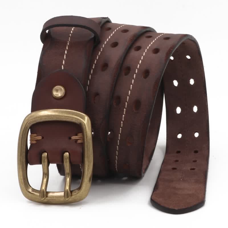 Men's Double Holes Brass Buckle Leather Belt