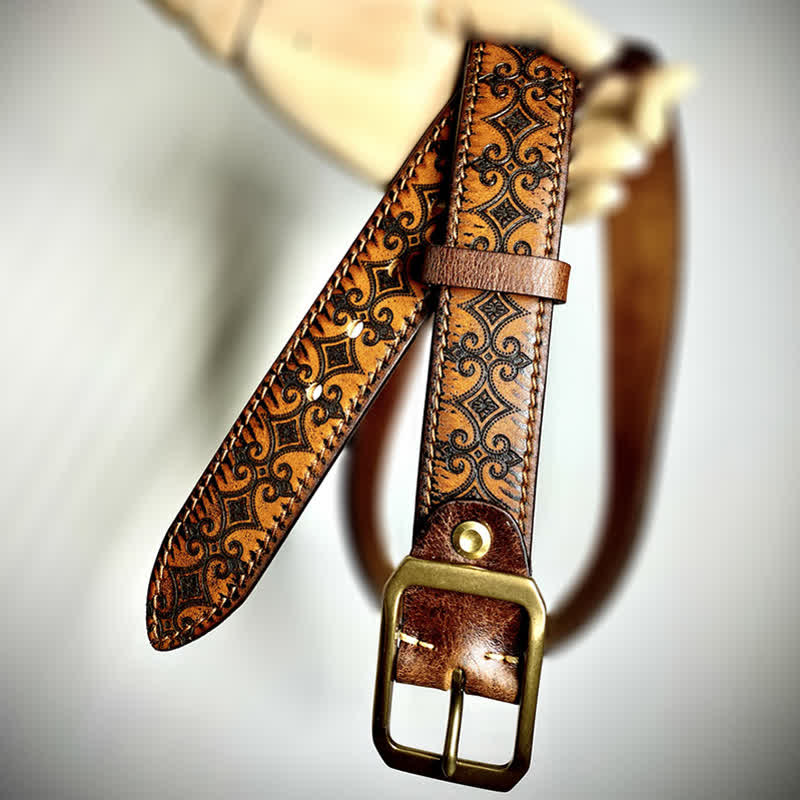 Stamped Carving Strap Brass Buckle Leather Belt