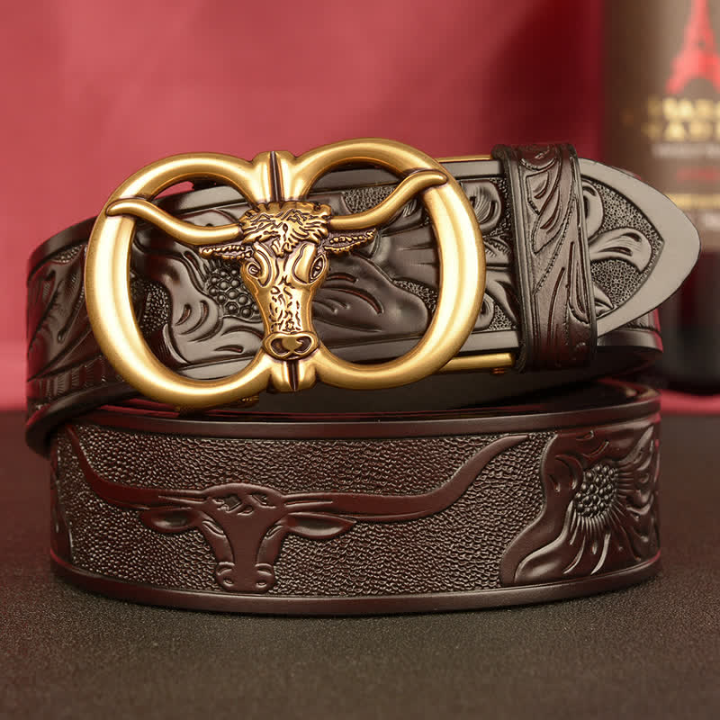 Men's Double Ring Bull Automatic Buckle Leather Belt