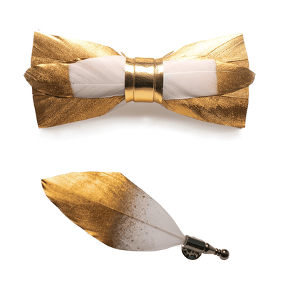 Gold & White Butterscotch Feather Bow Tie with Lapel Pin