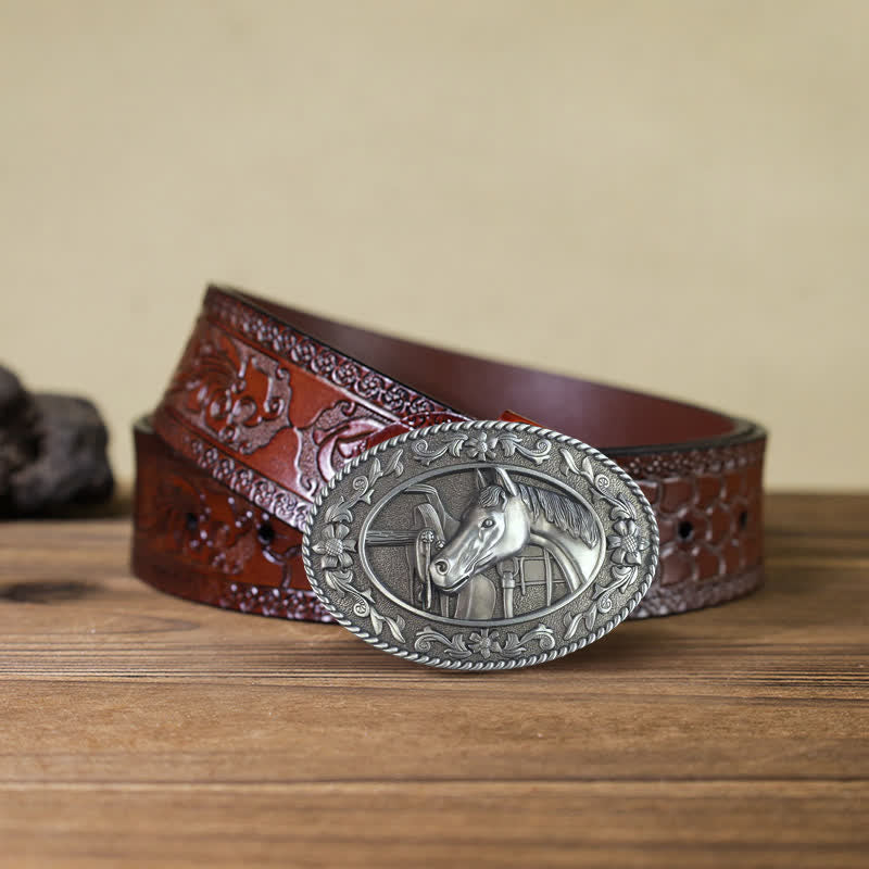 Men's DIY Horse Head Saddle Enameled Buckle Leather Belt