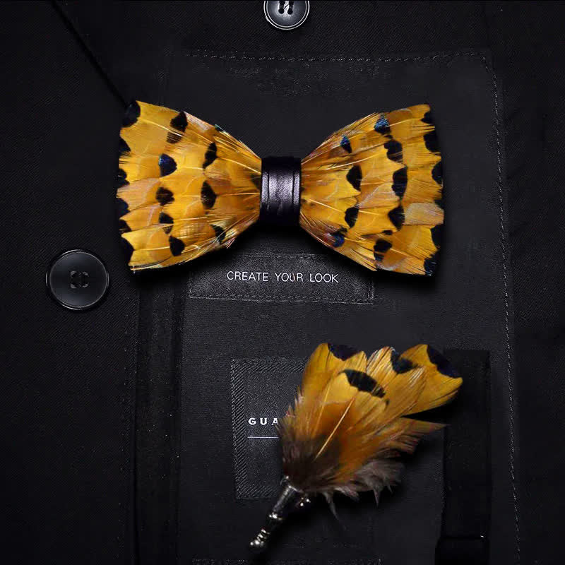 Yellow & Gold Finch Tail Feather Bow Tie with Lapel Pin