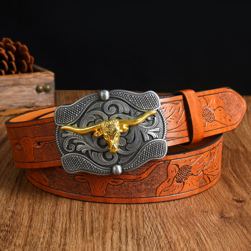 Men's Square Golden Longhorn Bull Leather Belt