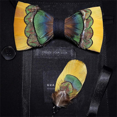 Kid's Bright Yellow & Green Peacock Feather Bow Tie with Lapel Pin