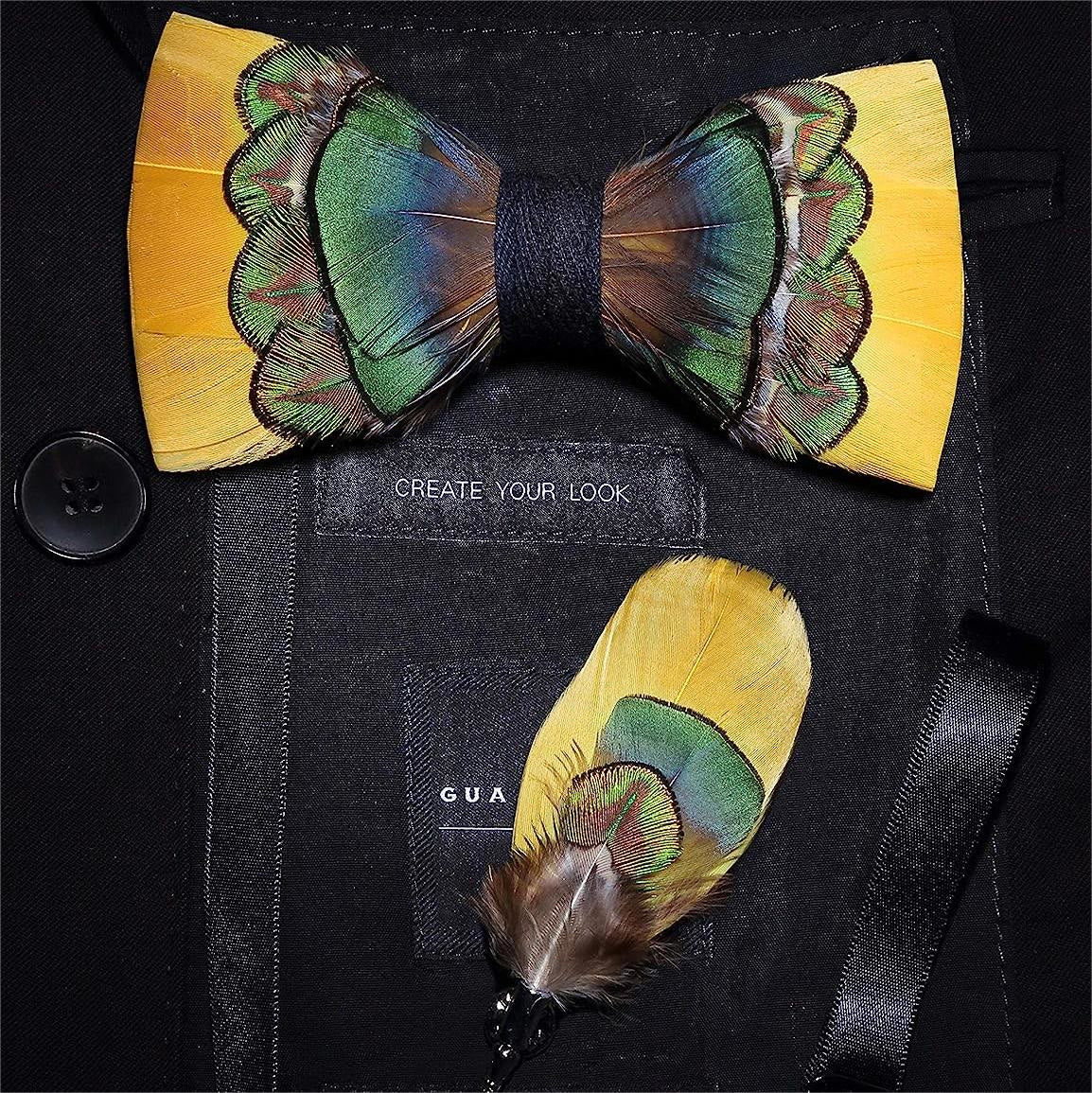 Bright Yellow & Green Peacock Feather Bow Tie with Lapel Pin