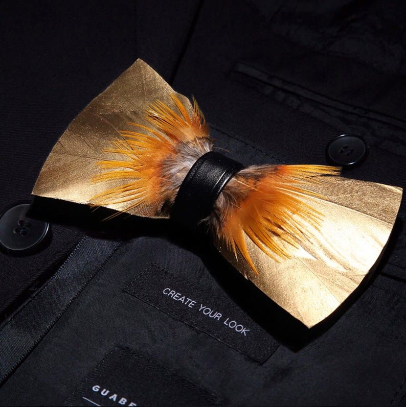 Kid's Gold & Tobacco Feather Bow Tie with Lapel Pin