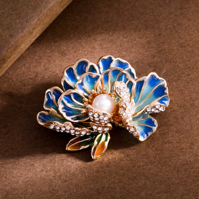 Women's Enamel Peony Flowers Pearl Inlaid Brooch