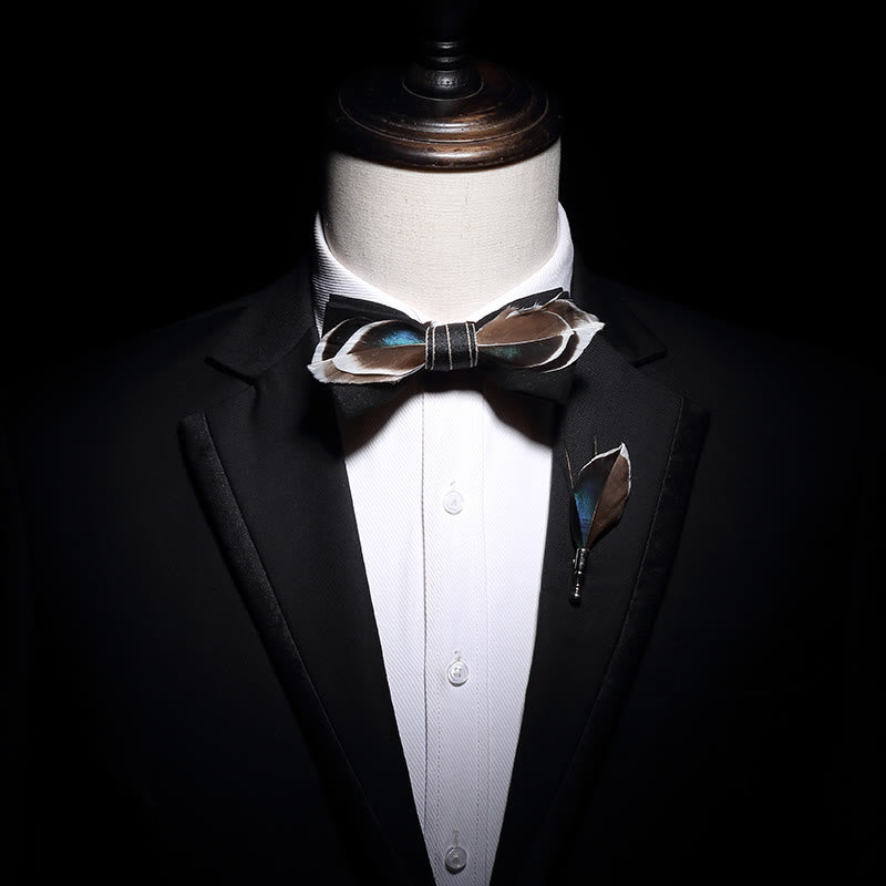 Black Mallard Duck Feather Bow Tie with Lapel Pin